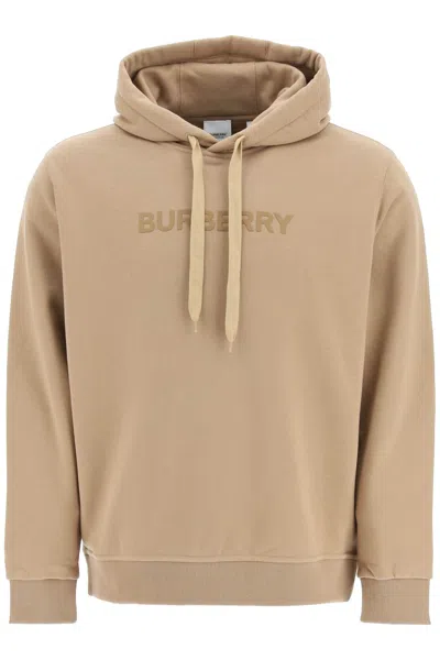 Burberry Men's Tan Logo Print Hoodie With Drawstring Hood And Ribbed Cuffs In Beige