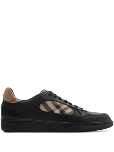 Burberry Men Leather Sneakers With Traditional Check Inserts In Black