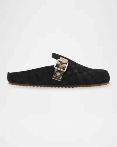 BURBERRY MEN'S URCHIN SUEDE CHECK-STRAP CLOGS