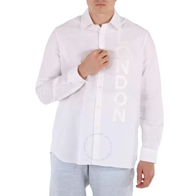 Burberry Men's White Cotton Oxford London Print Oversized Shirt