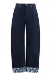 BURBERRY MEN'S WIDE-LEG BLUE JEANS WITH LEATHER DETAILS