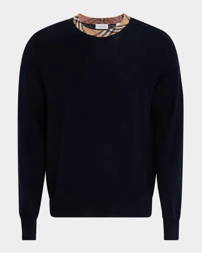 BURBERRY MEN'S WOOL KNIT CHECK-TRIM CREWNECK SWEATER