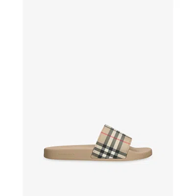 BURBERRY MENS FURLEY CHECKED RUBBER SLIDERS BEIGE COMB EUR 43 / 9 UK