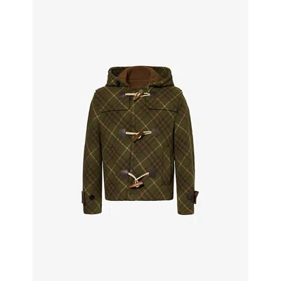Burberry Dark Green Wool Hooded Check Jacket In Multi