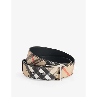 Burberry Mens Check Coated-canvas Belt Sand