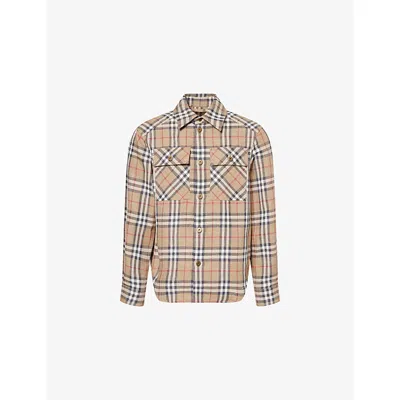 Burberry Mens  Check-print Curved Hem Cotton And Linen Shirt In Nut Ip Check