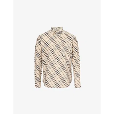 Burberry Mens Check-print Patch-pocket Relaxed-fit Cotton Shirt Alabaster Ip Check In Beige