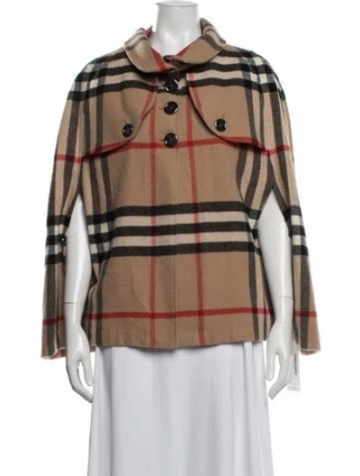 Pre-owned Burberry Merino Wool Plaid Print Cape In Brown