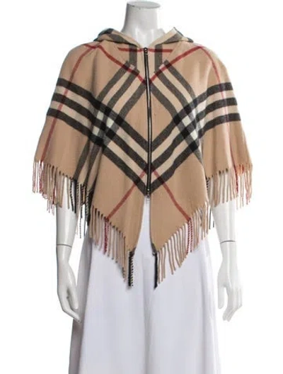 Pre-owned Burberry Merino Wool Plaid Print Poncho In Neutral