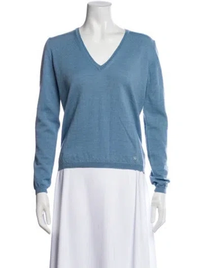Pre-owned Burberry Merino Wool V-neck Sweater In Blue