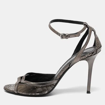 Pre-owned Burberry Metallic Grey Leather Laser Ankle Strap Sandals Size 39