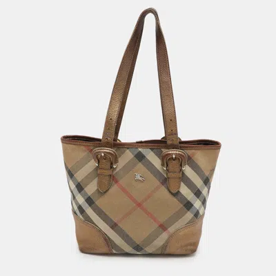 Pre-owned Burberry Metallic Shimmer Nova Check Canvas And Leather Byron Tote