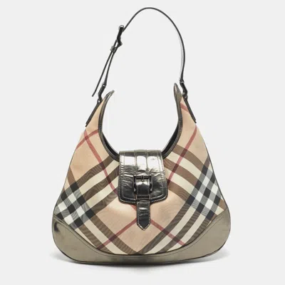 Pre-owned Burberry Metallic/beige Nova Check Pvc And Patent Leather Brooke Hobo