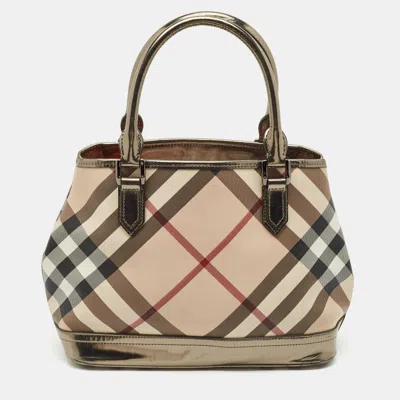 Pre-owned Burberry Metallic/beige Nova Check Pvc And Patent Leather Eden Tote