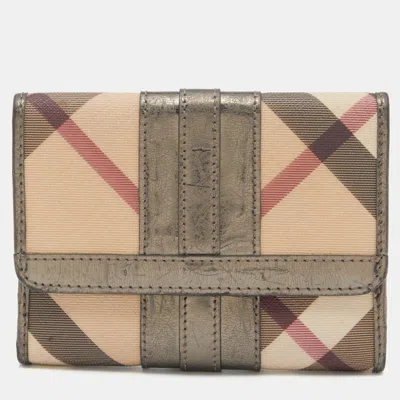 Pre-owned Burberry Metallic/beige Nova Check Pvc And Patent Leather French Wallet
