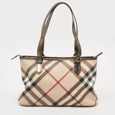 Pre-owned Burberry Metallic/beige Supernova Check Pvc And Patent Leather Nickie Tote