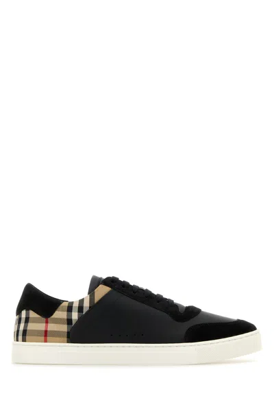 BURBERRY BURBERRY BLACK LEATHER AND FABRIC SNEAKERS