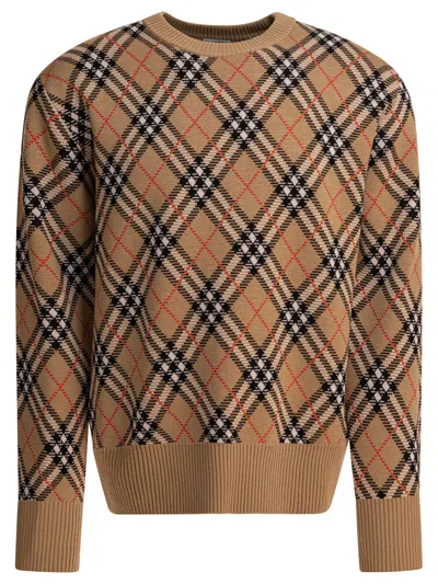 Burberry Crew Neck Argyle Pattern Jumper In Brown