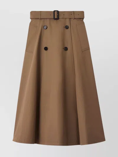 Burberry Midi A-line Skirt With Belt And Buttons In Brown
