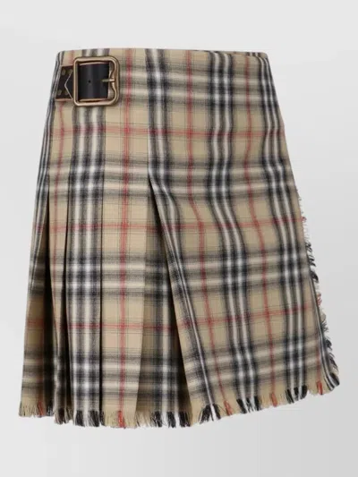 Burberry Midi Skirt Buckle Detail Frayed Hem Plaid In Brown