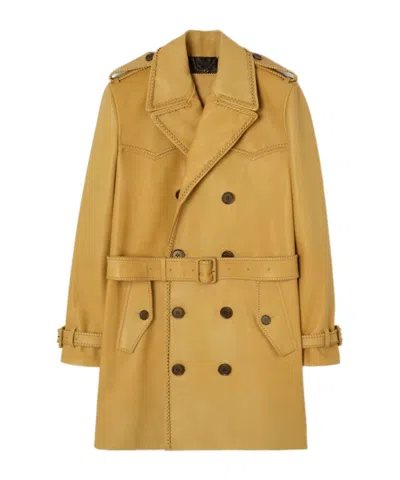 Burberry Mid-length Leather Leverton Trench Coat In Yellow