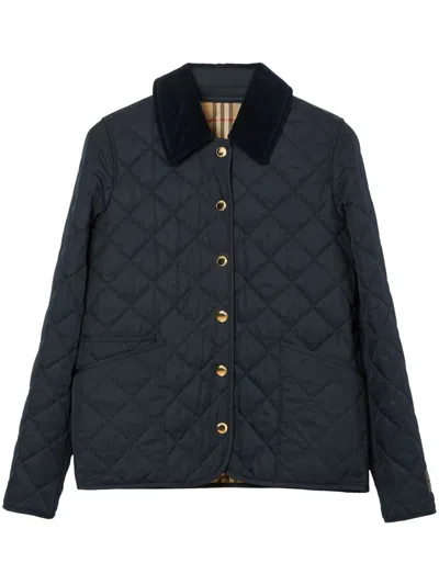 BURBERRY MIDNIGHT BLUE DIAMOND-QUILTED JACKET FOR WOMEN WITH CORDUROY COLLAR AND PATCH POCKETS