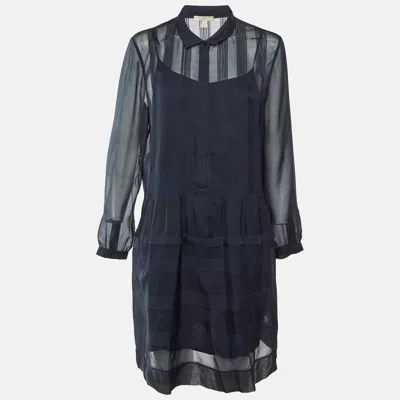 Pre-owned Burberry Midnight Blue Silk Pintucked Knee Length Dress L