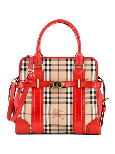 Pre-owned Burberry Minford Haymarket Coated Canvas Medium Satchel In Brown