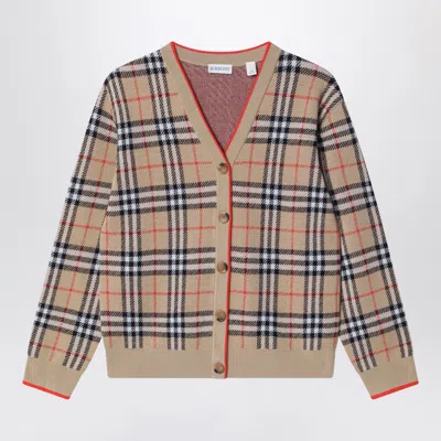 Burberry Mini  Check Wool Cardigan With V-neck And Contrast Trim In Multi