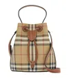 Burberry Drawstring Bucket Bag With Signature Plaid Pattern In Brown