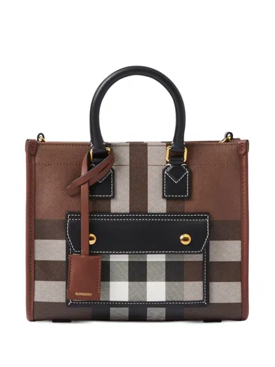 Burberry Mini Check Freya Tote Bag In Brown