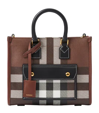 Burberry Mini Check Tote Bag In Brown