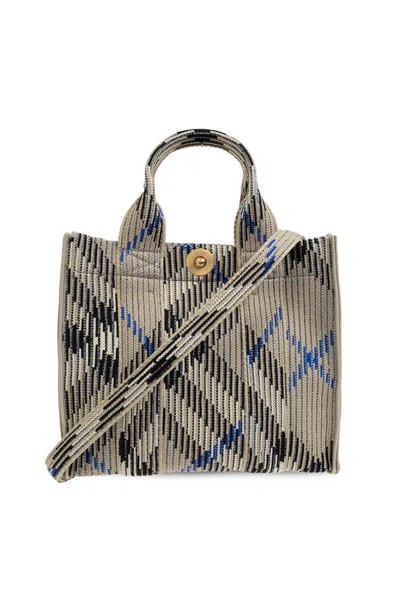 Burberry Mini Checked Knitted Top Handle Bag In Grey