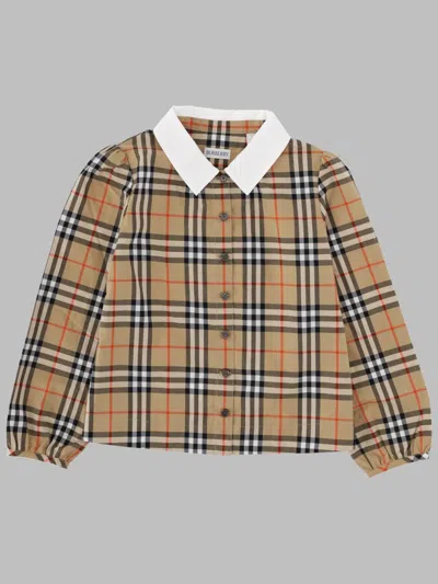 Burberry Mini Checkerboard Cotton Shirt For Girls In Brown