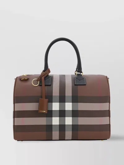 Burberry Mini Checkered Bowling Handbag With Shoulder Strap In Brown