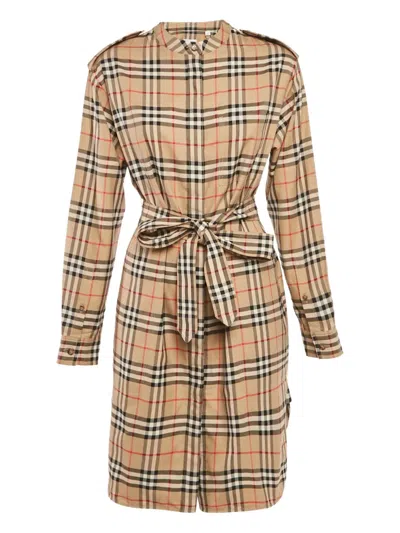 Pre-owned Burberry Mini Cotton Check Belted Dress In Neutral
