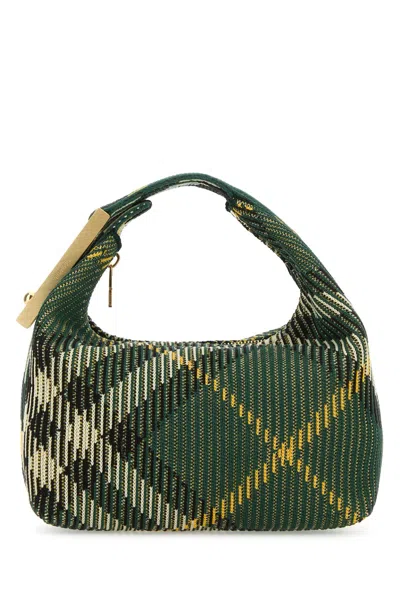 Burberry Mini Embroidered Nylon Peg Handbag With Golden Metal Finish In Green