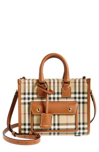 Burberry Mini Freya Check Canvas & Leather Tote In Vintage Check/briar Brown