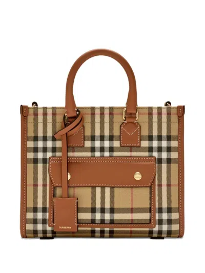 Burberry Mini Freya Tote Bag In  Check Coated Cotton Blend
