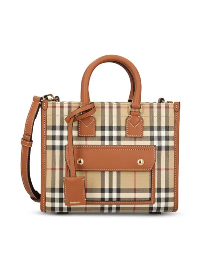 Burberry Mini Freya Tote Bag In Vntg Chk/briar Brown