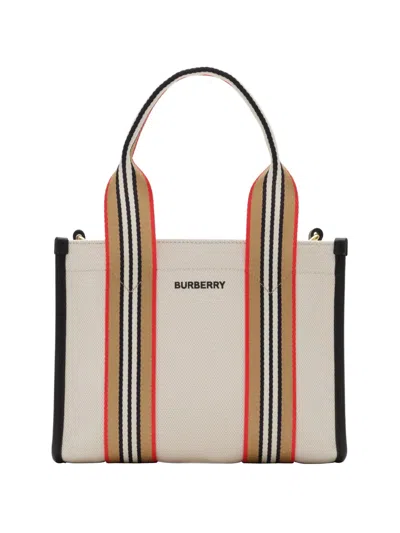 Burberry Mini Icon-stripe-trim Canvas Tote In Neutral