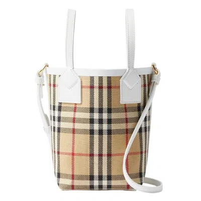 Burberry Mini London Canvas Leather Check Tote Bag In White/beige