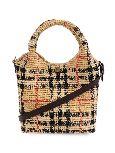 Burberry Mini Margate Check Raffia Tote Bag In Brown