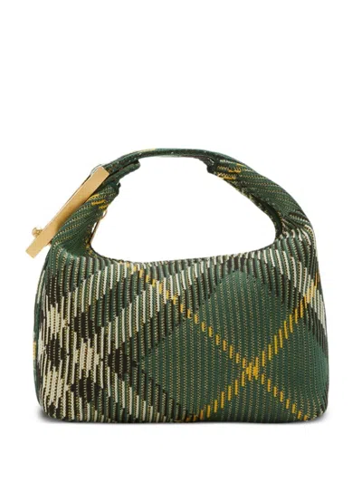 Burberry Mini Embroidered Nylon Peg Handbag With Golden Metal Finish In Green