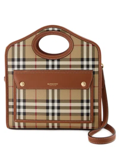 Burberry Woman Printed Canvas And Leather Mini Pocket Handbag In Brown