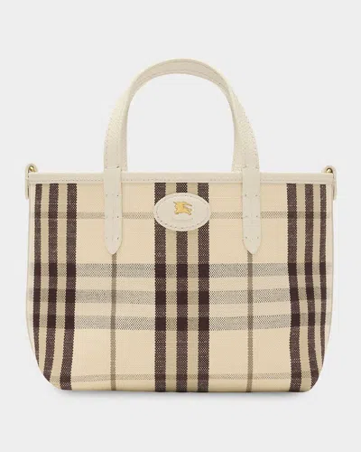 Burberry Mini Reversible Check & Leather Tote Bag In Brown