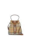 Burberry Drawstring Bucket Bag With Signature Plaid Pattern In Neutral