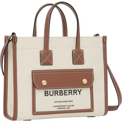 Burberry Mini Freya Tote Bag With Horseferry Print And Leather Accents In Beige