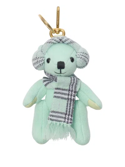 Burberry Mini Wool & Cashmere Teddy Bear Charm Keychain With Brushed Metal Clasp And Matching Check  In Verde
