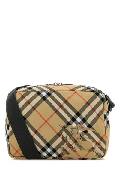Burberry Embroidered Fabric Check Crossbody Handbag 25 X 18 X 12 Cm In Blue
